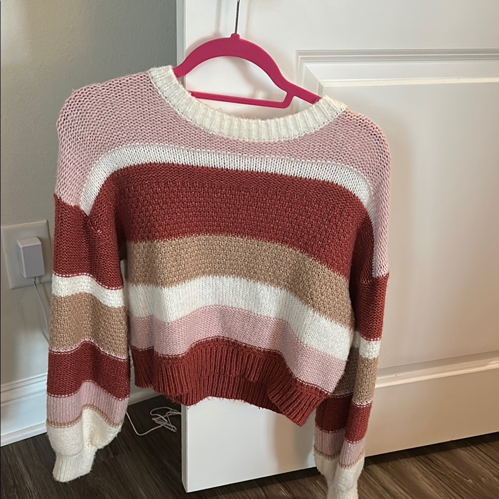 Altar'd State Pink and Brown Crew Neck Sweater Cozy Knit
